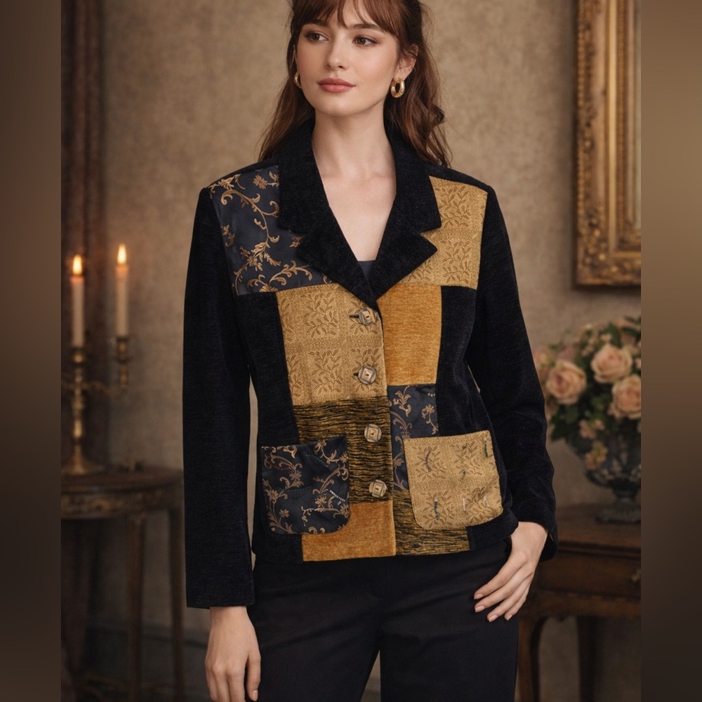 Julia Kim Vintage Art To Wear Patchwork Tapestry Chenille Jacket Size S